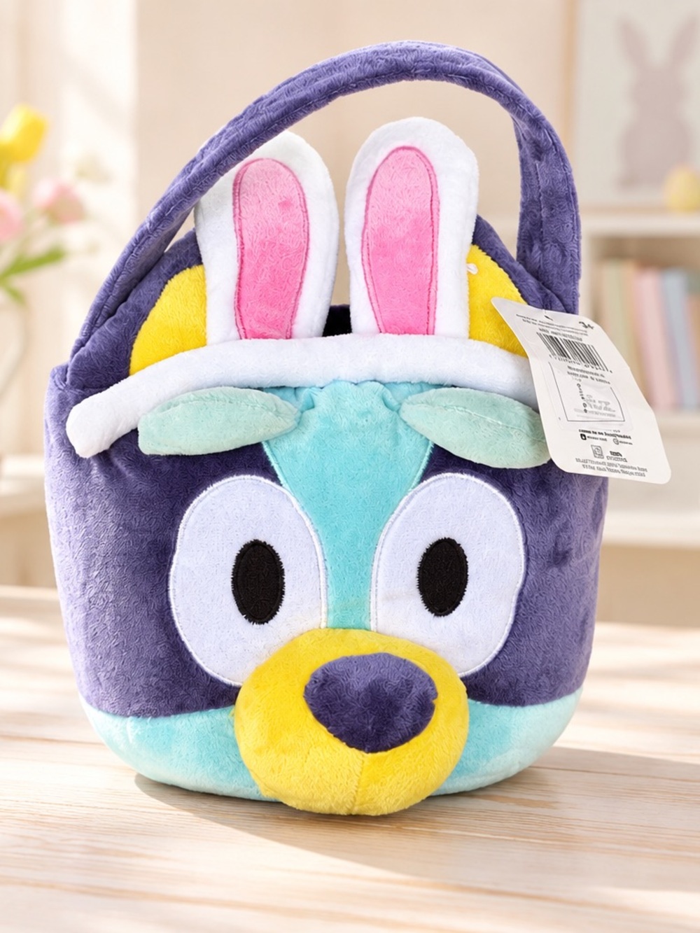 Adorable Bluey plush Easter basket featuring Bluey wearing white and pink bunny